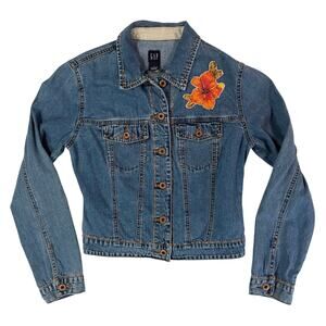Y2K GAP Women’s Small Denim Jean Jacket Embroidered Hibiscus Flower